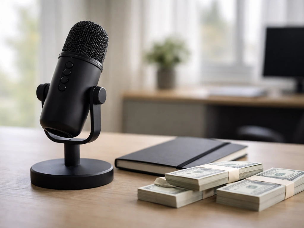 Minimal office scene with a microphone and cash-like props suggesting media and finance analysis