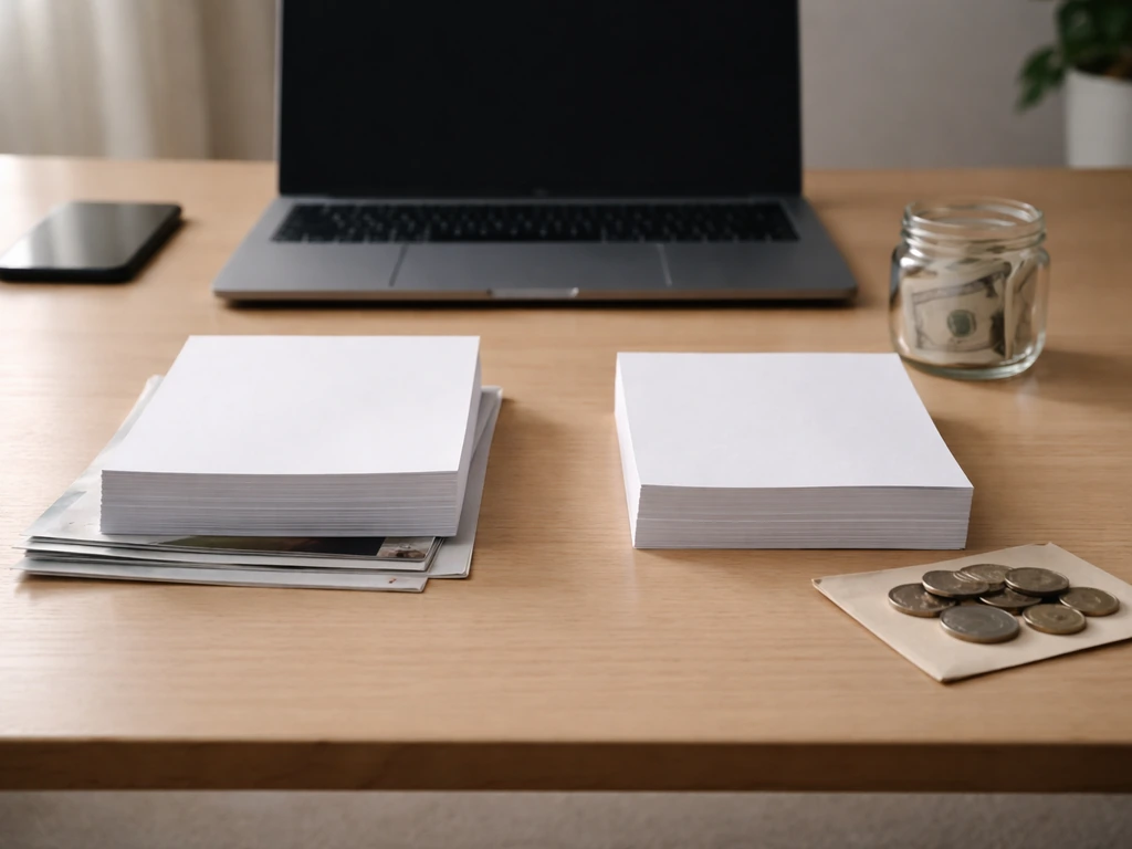 Minimal desk with two side-by-side stacks of blank papers, coins, and financial props hinting at differing net worth met