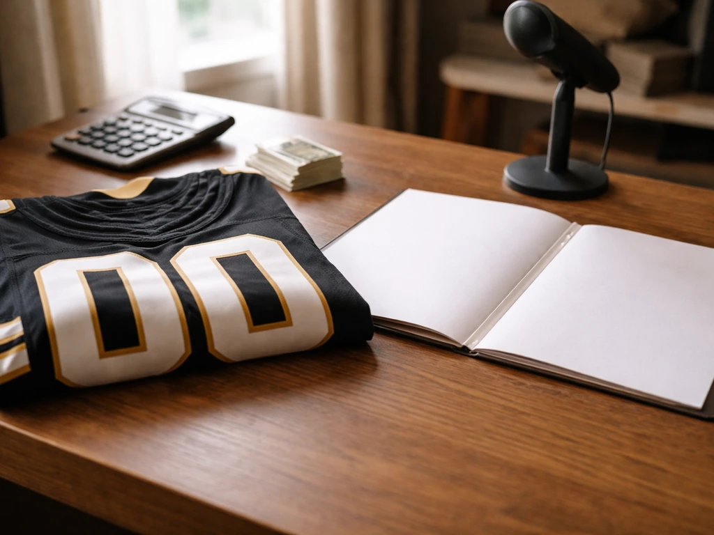 Minimal desk scene with a blank contract folder, an NFL-style jersey, and calculator and cash for earnings context.