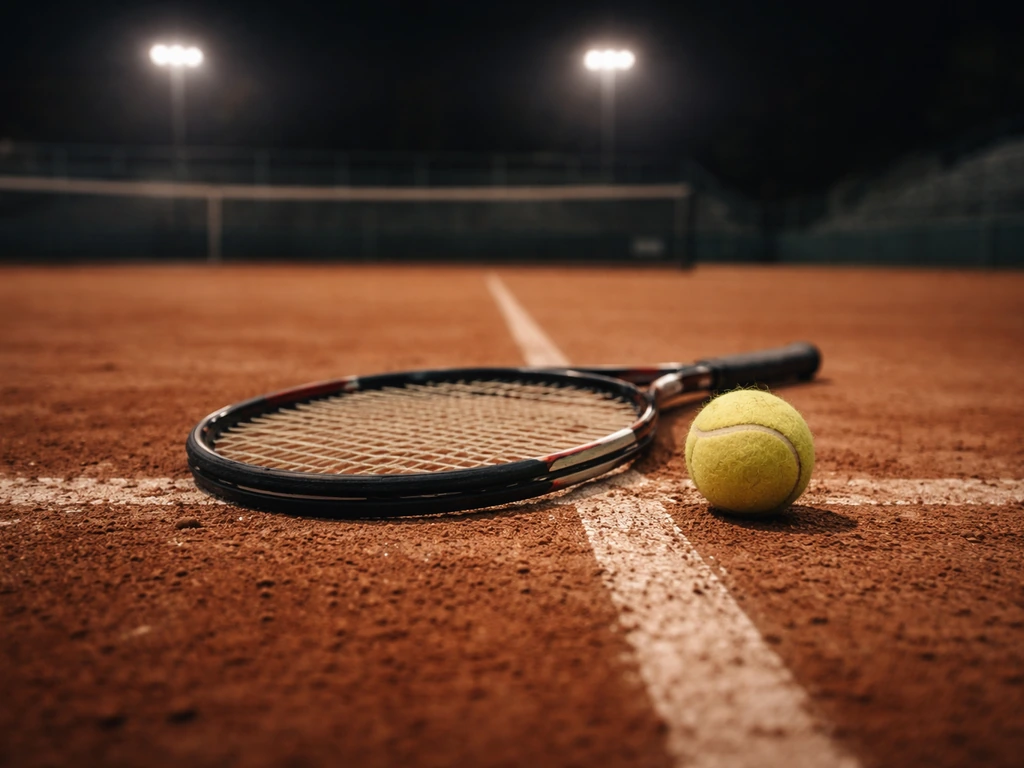 Tennis ball and racket on a court with blurred stadium lights, symbolizing a sports net-worth estimate