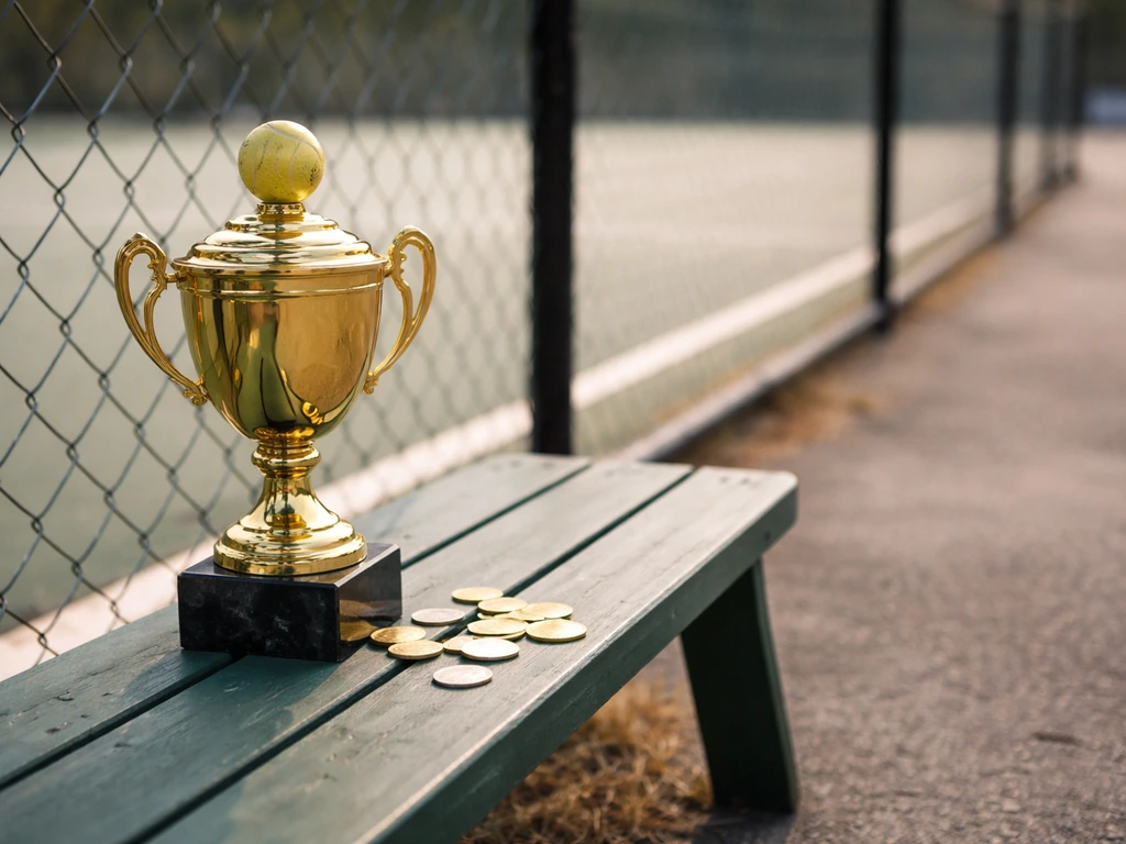 Close-up of a tennis trophy on a court bench with scattered coins, symbolizing prize money
