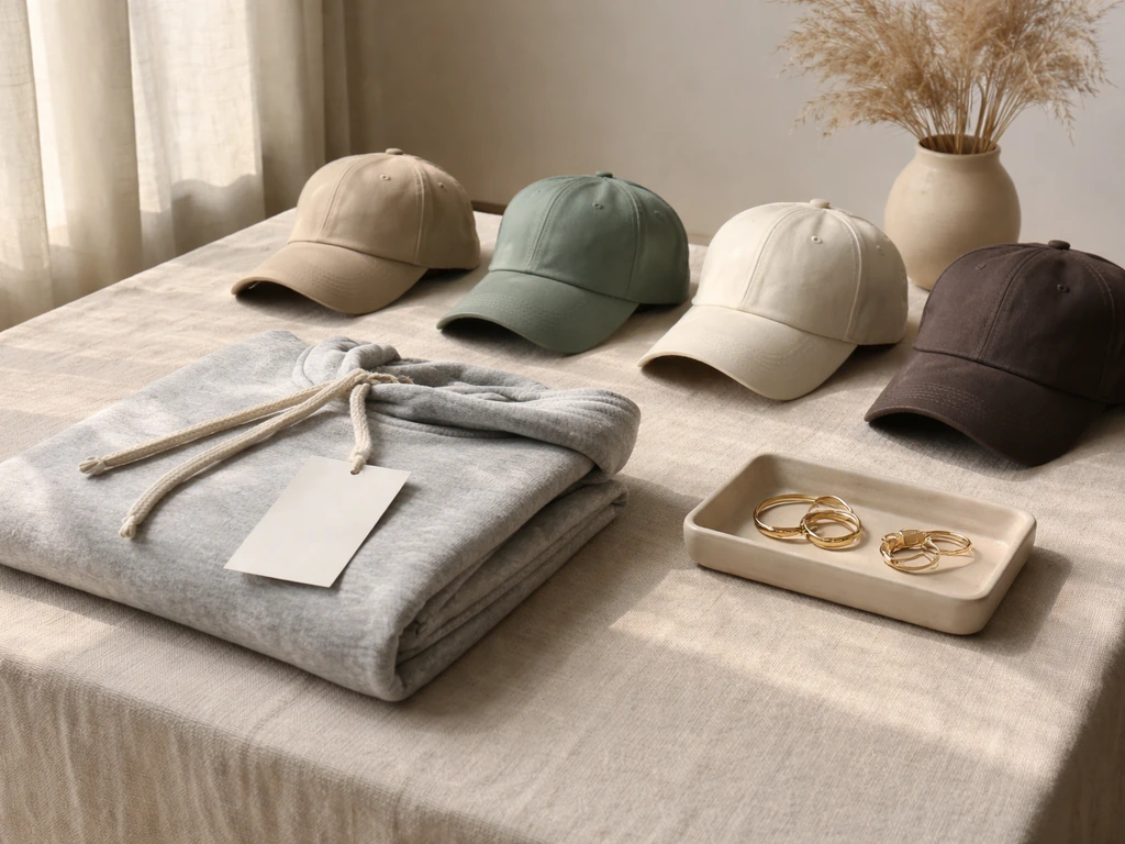 Sunlit table display of caps and folded lifestyle fashion items for a brand launch