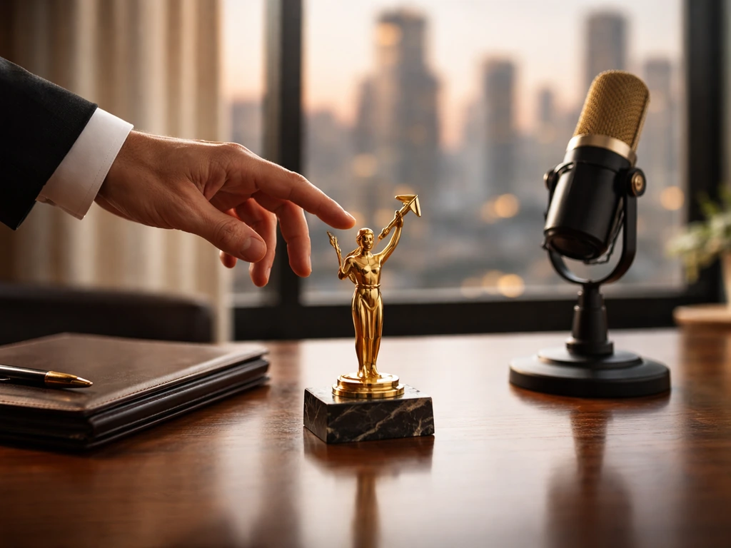 Minimal luxury office scene with award-style figurine and microphone, symbolizing a celebrity net worth analysis topic.