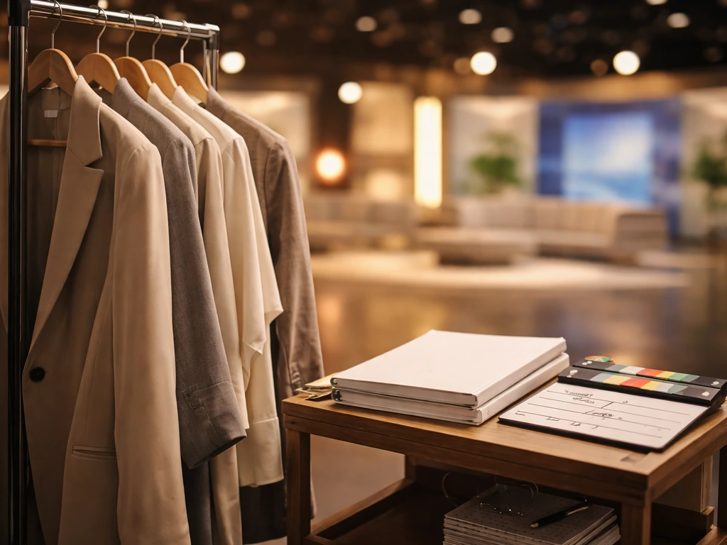 TV studio set with costume rack and script binder, warm lights, no people, symbolic media-work scene.