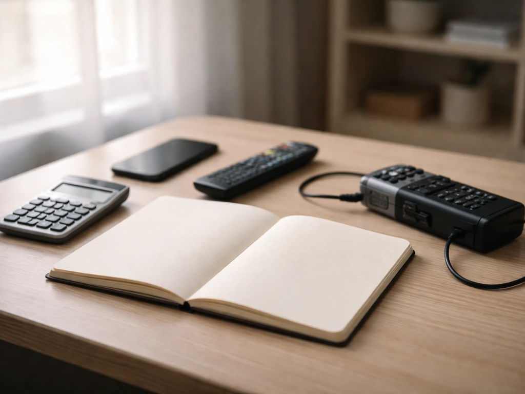 Minimal photo of an office desk with a notebook, calculator, and audio recorder next to a TV remote
