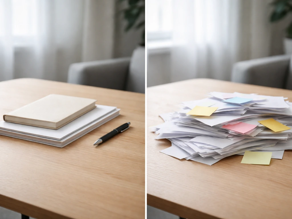 Two desks with a notebook of sourced documents beside a messy spreadsheet-style pile suggesting unreliable data