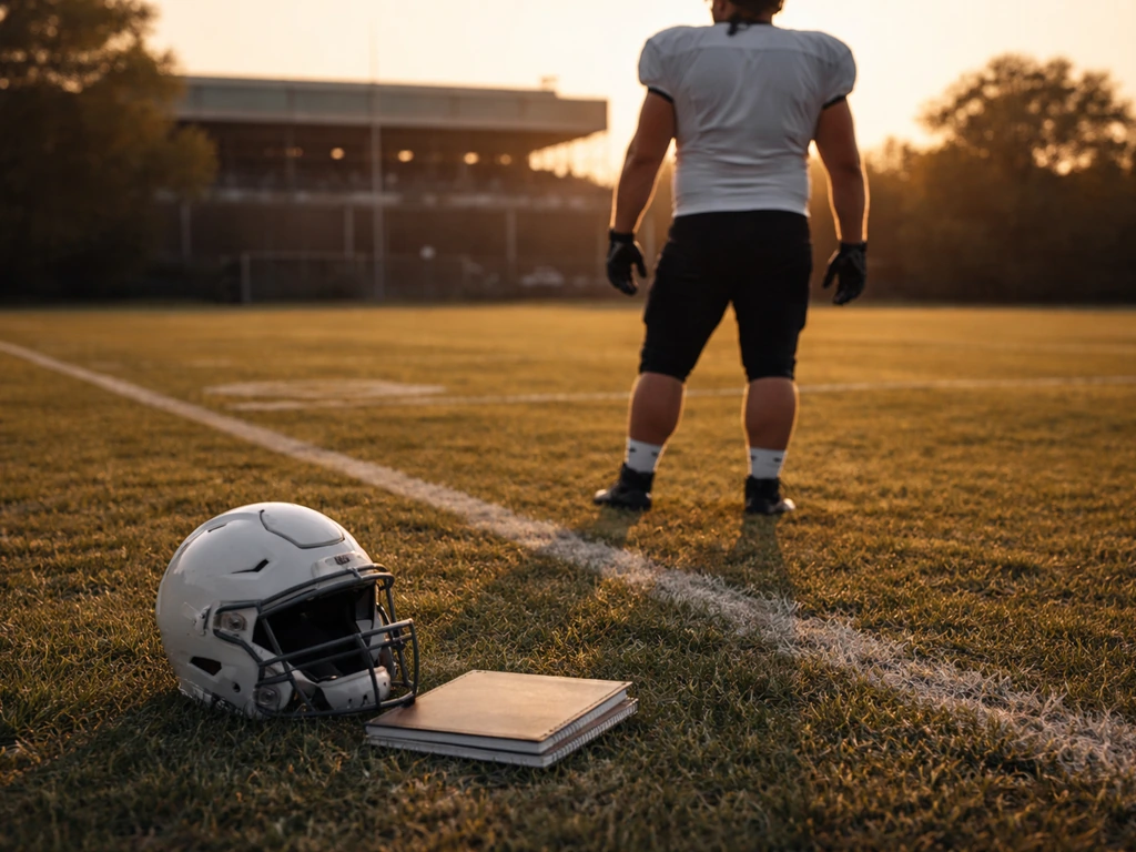 Anonymous NFL offensive lineman on a quiet field near a helmet and notebook, suggesting career earnings and contracts.