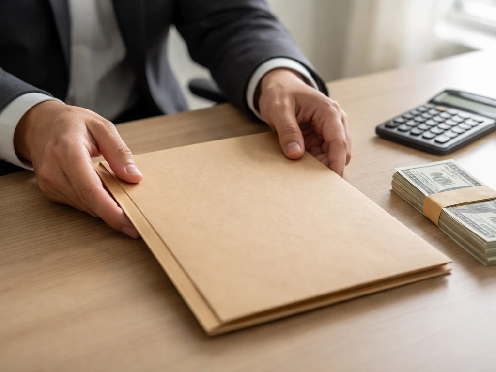 Close-up of an anonymous hand placing an NFL contract folder beside a calculator and cash stack on a desk