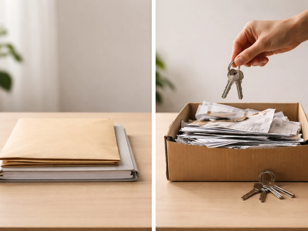 Table scene with sealed verified documents on one side and scattered unfiled papers and keys on the other.