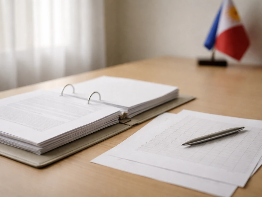 Neutral desk with government binder, spreadsheet pages, pen, and a small Philippine flag detail, money-research vibe