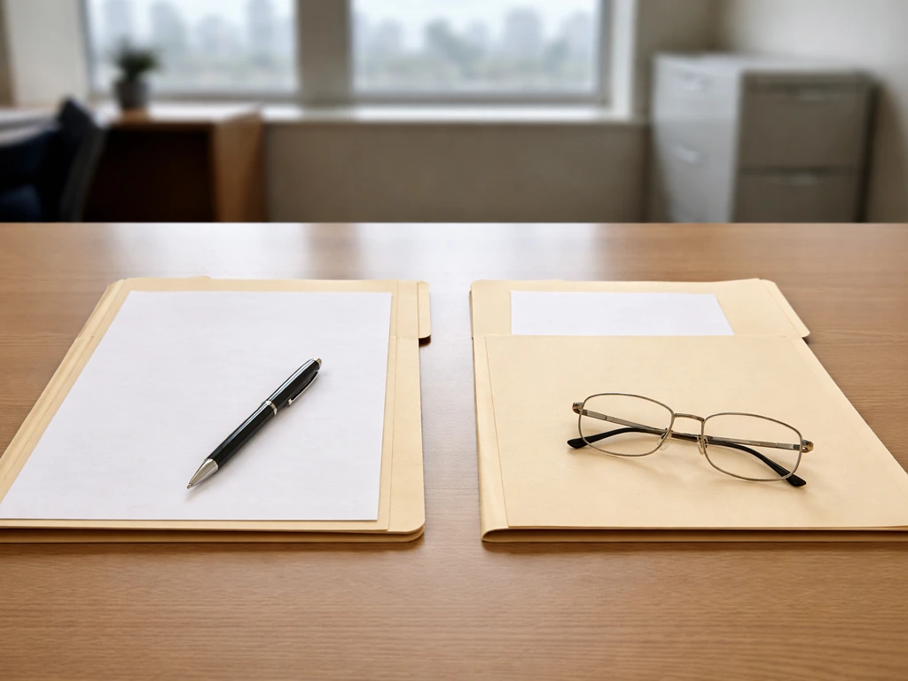 Minimal office desk scene with two blurred folders to symbolize distinguishing father vs mother identities