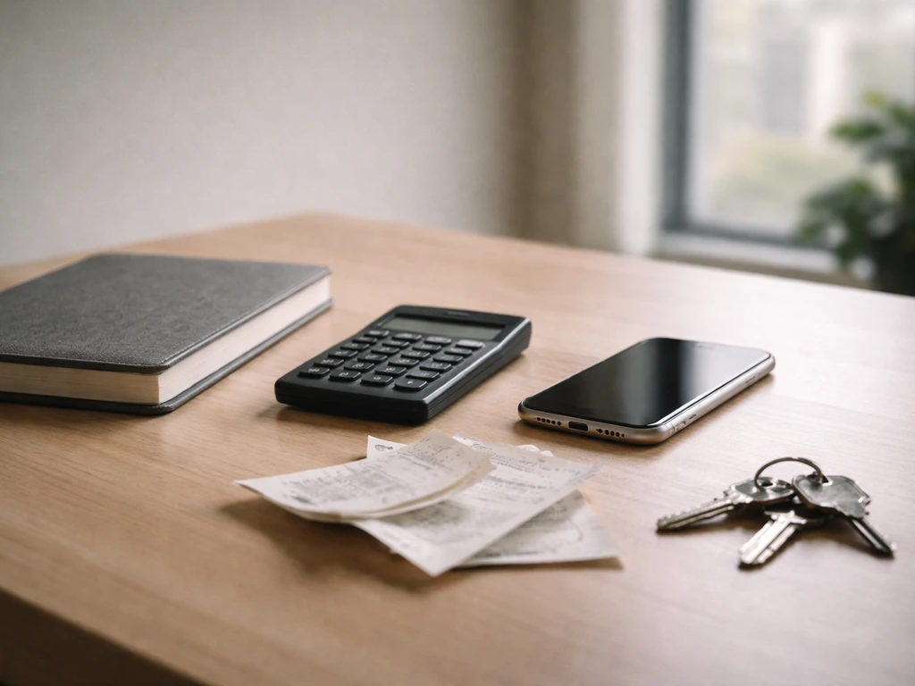 Minimal office desk with calculator, smartphone, and scattered receipts suggesting net worth estimation proxies.