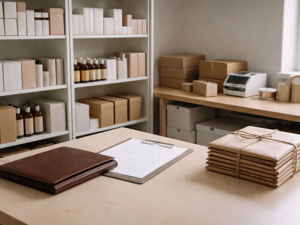 Cosmetic distribution scene with product shelves and a ledger-style document, symbolizing household net worth.