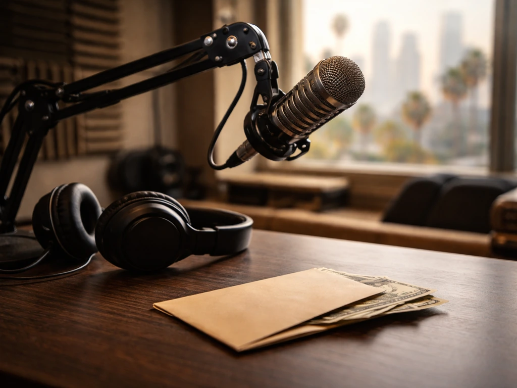 Los Angeles radio studio desk with a microphone and a money envelope, evoking estimated net worth