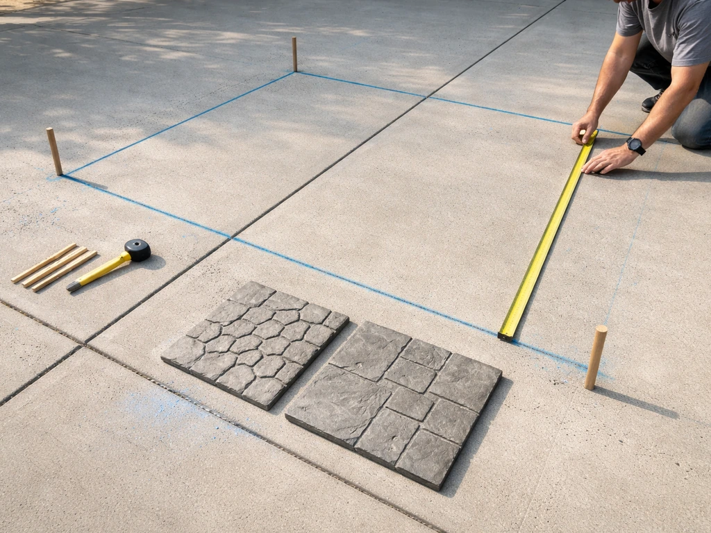 Hands adjust a measuring tape over chalk lines marking a patio rectangle with concrete stamp pattern samples.