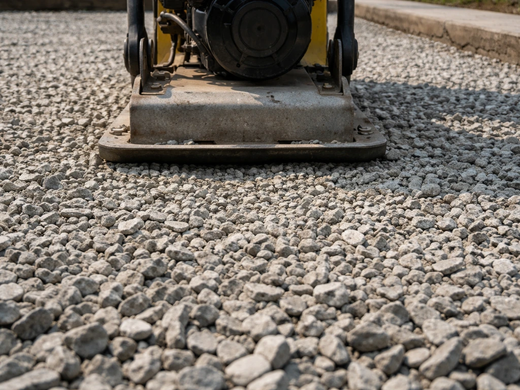 Plate compactor compressing 3/4-inch crushed stone in a defined base section