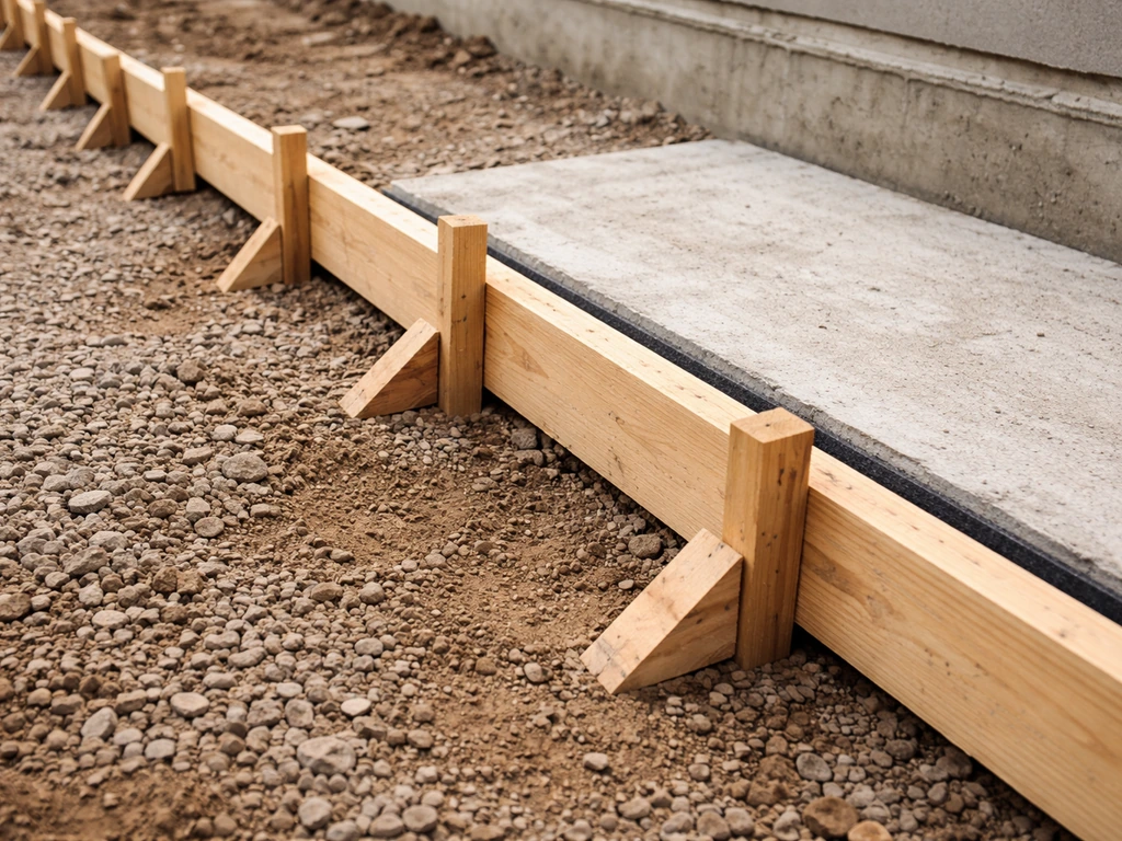 Construction crew detail: level form boards with stakes and cribs, expansion joint material along slab edge.