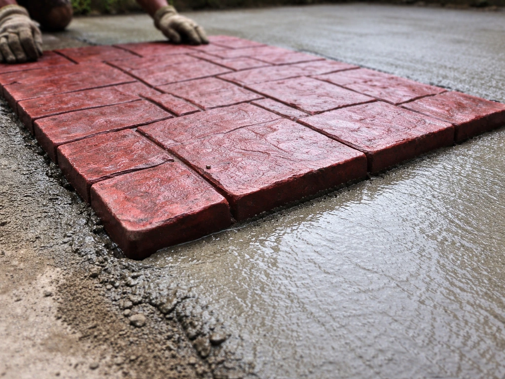Textured stamp mat pressed into fresh concrete with release agent visible, showing timing and texture.