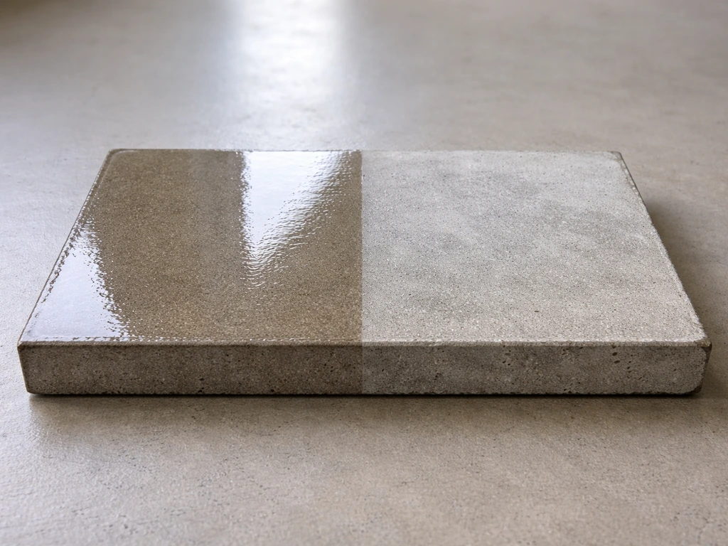 Concrete slab showing glossy fresh sealer on one side and milky cloudy sealer on the other.