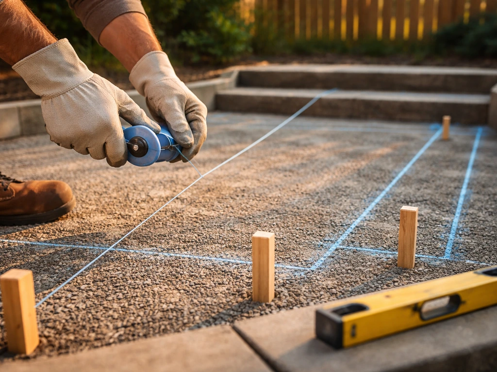 Gloved hands pull chalk string lines on patio subbase to map step risers and perimeter before pouring.