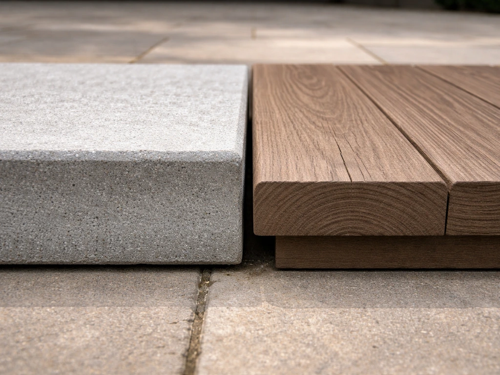 Side-by-side close-up of poured concrete step edge and composite tread boards on a patio surface.