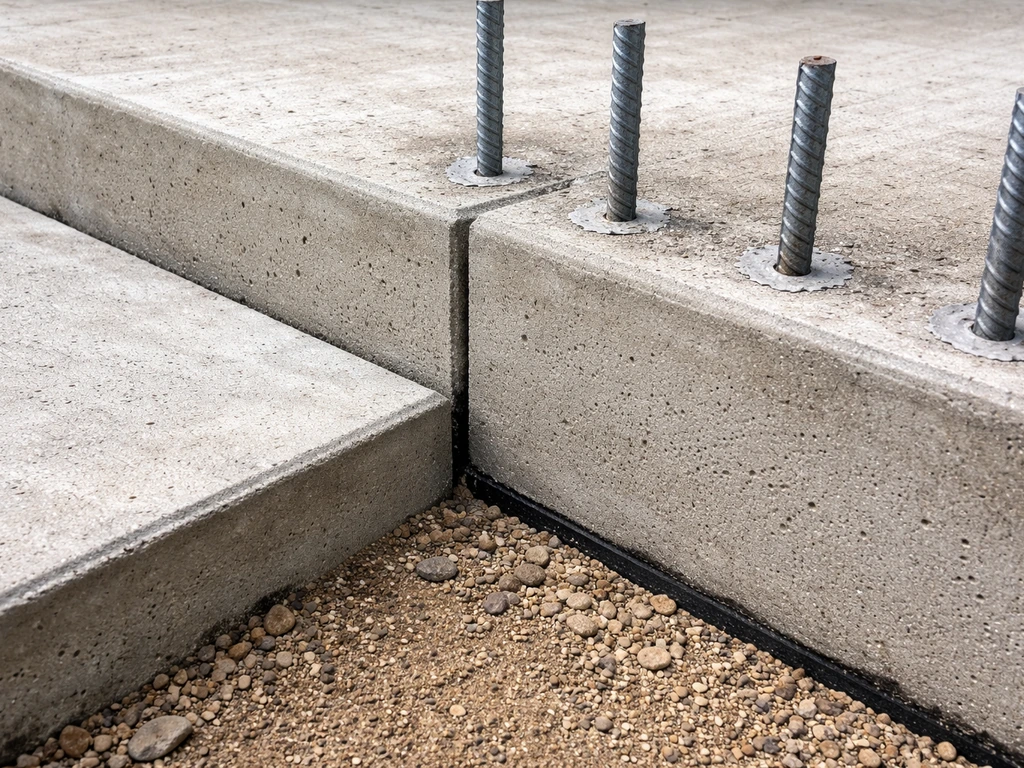 Close-up of patio slab and step slab separation with reinforcement rebar not crossing the isolation joint.