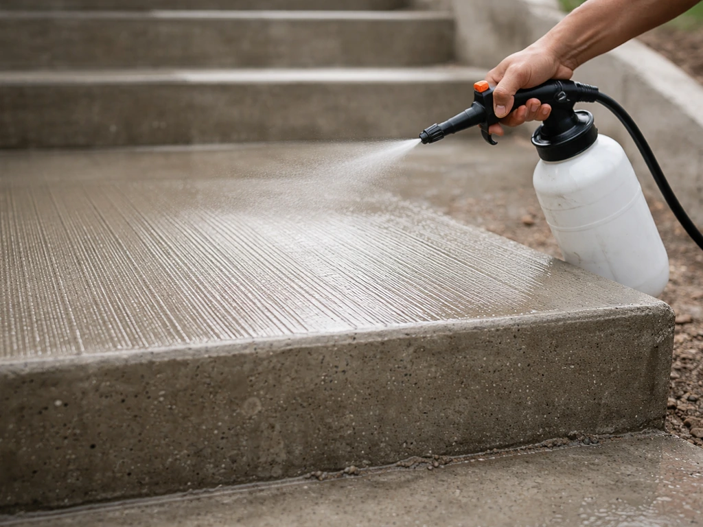 Close-up of broom-finished concrete stair tread with penetrating sealer mist being applied.