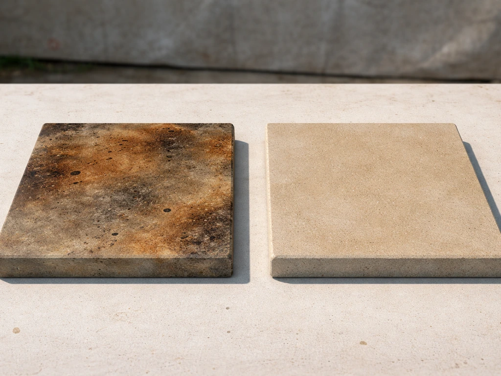 Two concrete sample panels showing distinct acid-stain and water-based stain color and penetration effects side by side.