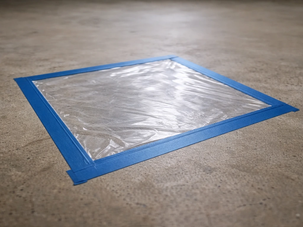 Clear plastic sheet taped over concrete slab for a moisture test, ready for an ASTM D4263 check.