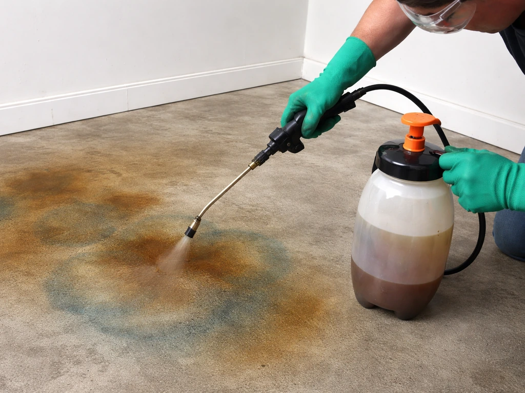 Gloved hands using a pump sprayer to apply acid stain in overlapping circles on concrete.