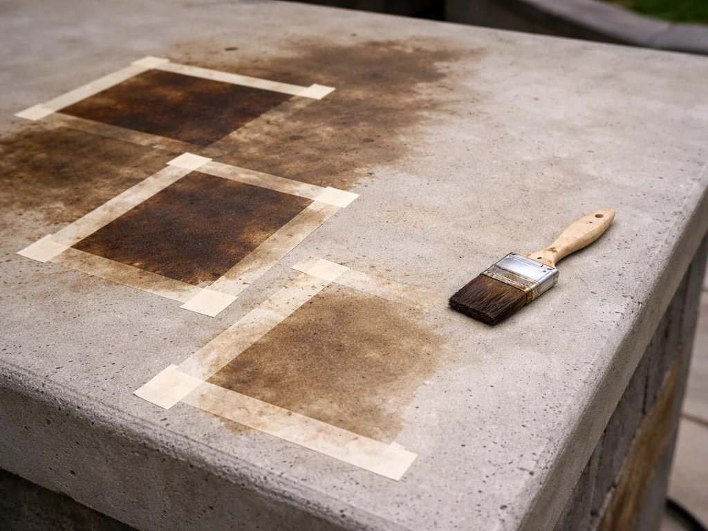 Close-up of a concrete slab with blotchy, uneven stain patches showing absorption differences