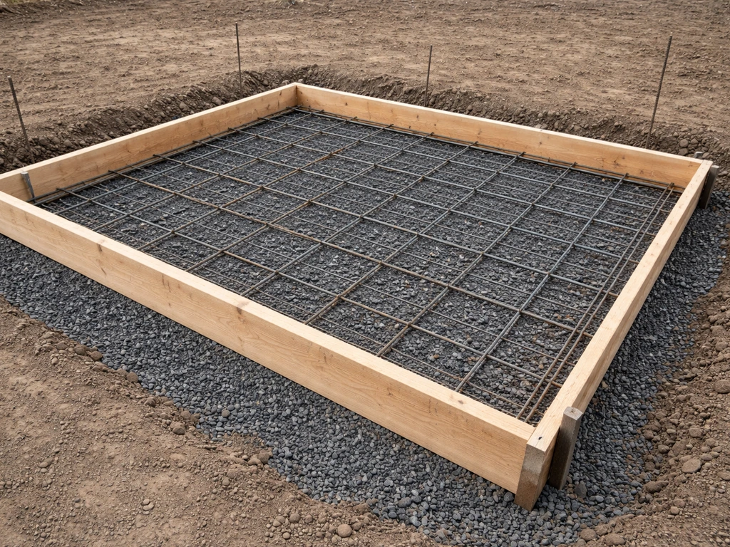 Rectangular wooden concrete form on compacted gravel with steel rebar mesh staged inside, ready to pour.