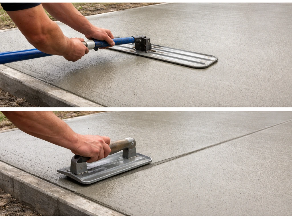 Hands smoothing fresh concrete with a bull float and tooling a shallow control-joint groove.