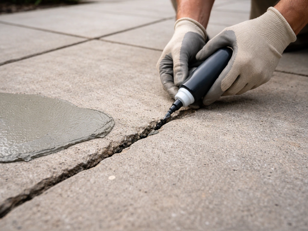 Gloved hands cleaning and filling a crack on an uneven concrete patio, then leveling a fresh patch.