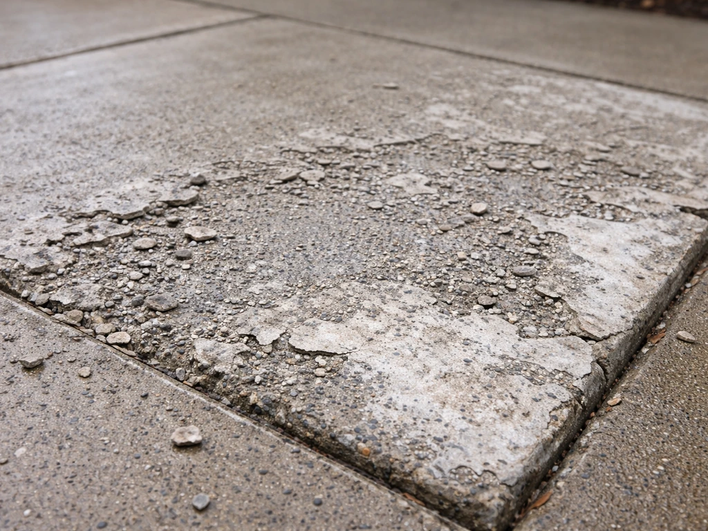 Close-up of a concrete patio slab with chipped, flaked, pitted spalling surface ready for repair.