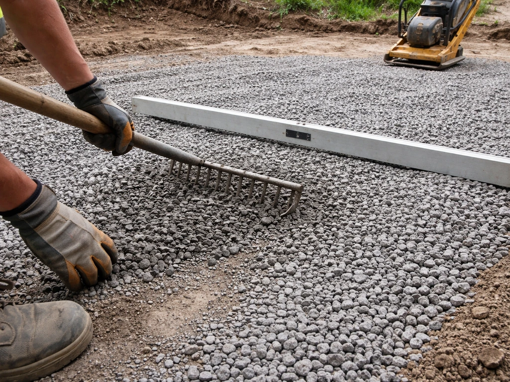 Worker spreading two-inch crushed gravel base and checking level with a straightedge near a plate compactor.