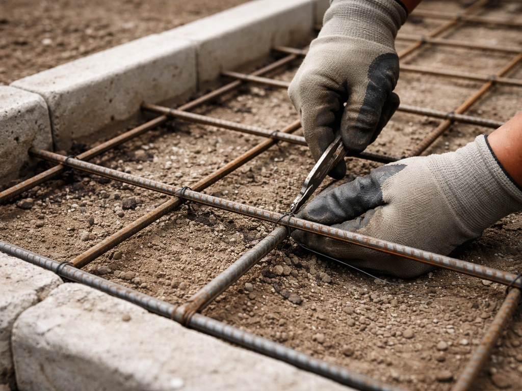 Close-up of rebar grid and tie wire on a patio base before concrete pour