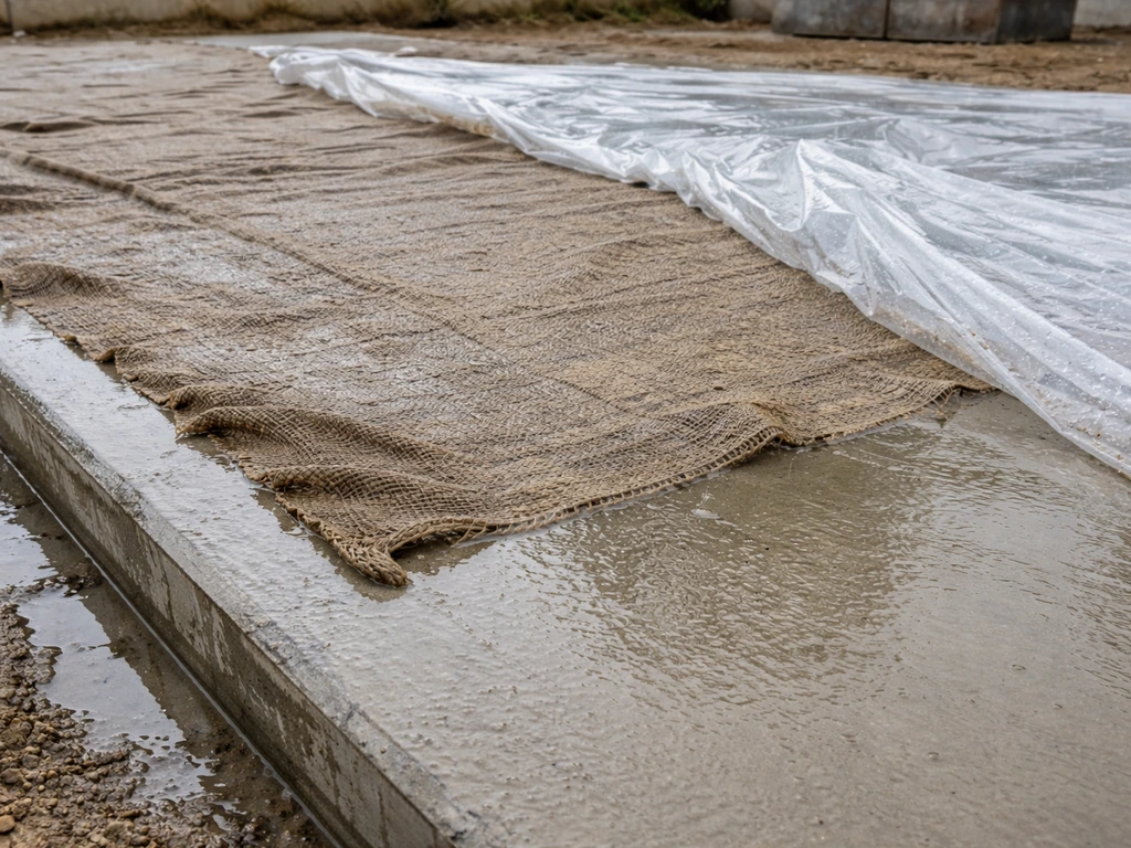 Fresh concrete slab covered with wet burlap and plastic sheeting to keep moisture during curing.