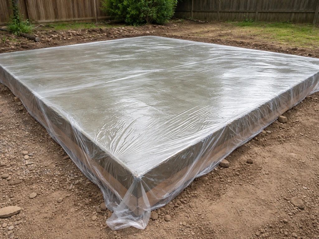 Concrete slab covered with clear plastic sheeting for curing, with natural light and wet surface.