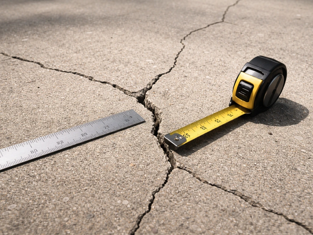 Close-up of a concrete patio crack with a ruler and measuring tape used to check width.
