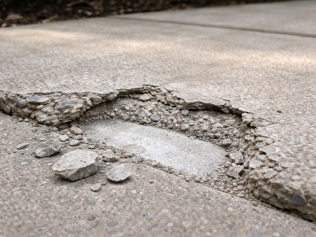 Close-up of spalled concrete with chipped edges and exposed delaminated surface ready for repair