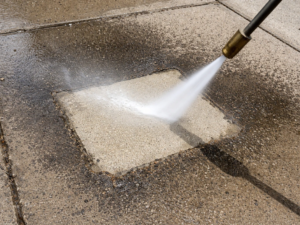Pressure washer stream cleaning a small concrete repair area, contrasting clean concrete with dirty surroundings.
