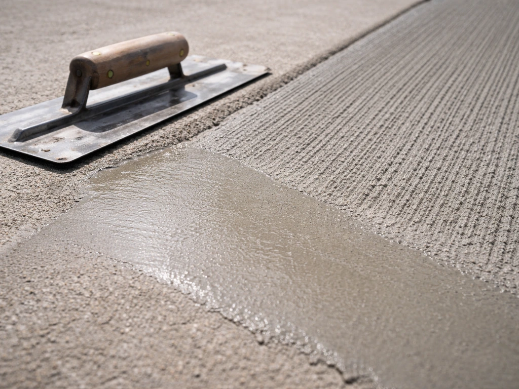 Close-up of a broom-finished resurfaced concrete area blending into a freshly troweled patch