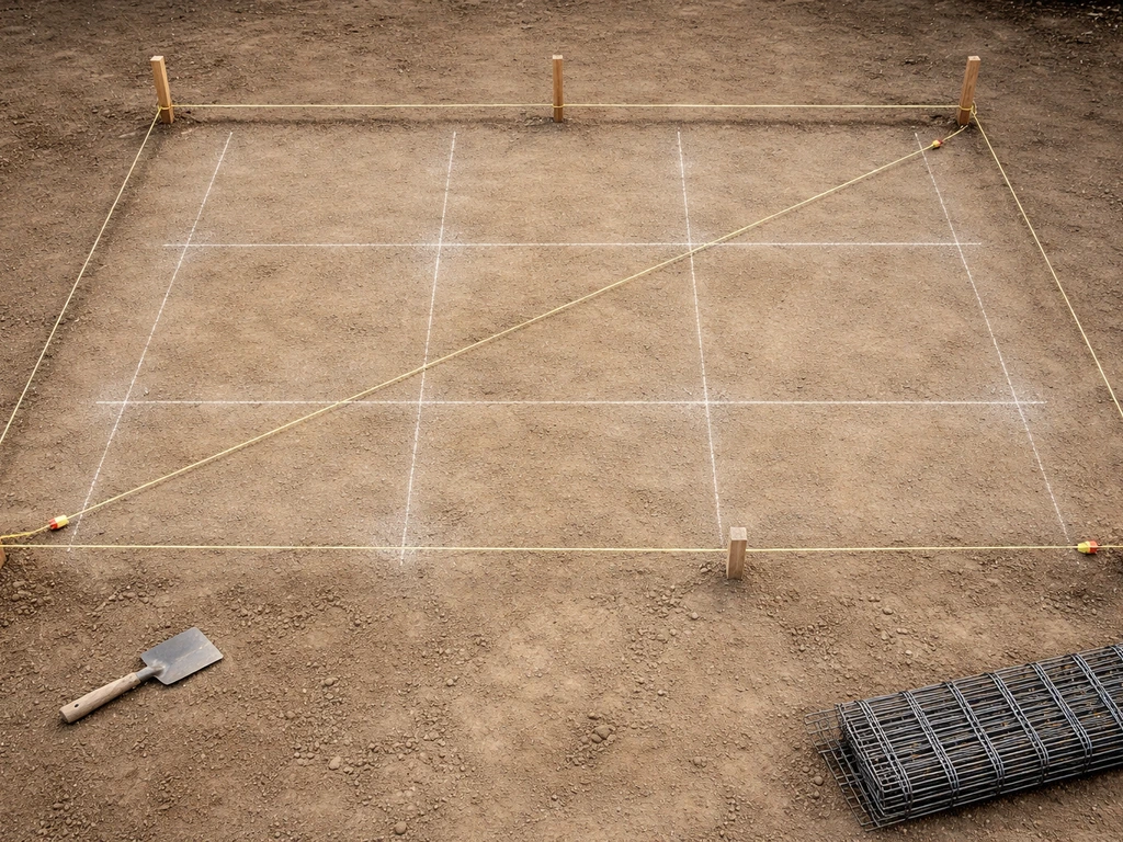 Top-down view of a DIY rectangular patio layout with stakes, strings, and joint lines on soil.