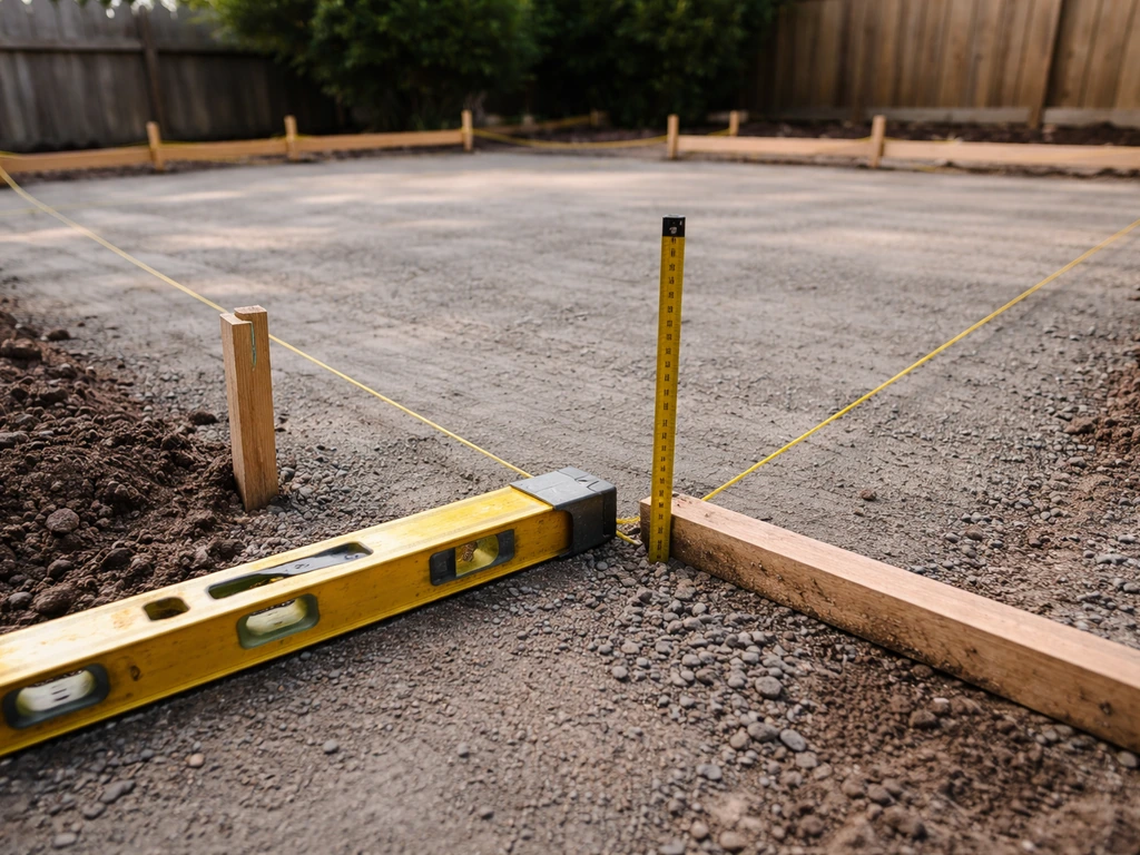 Close-up of a patio slab layout with stakes, taut string lines, and a slope measuring reference before forming.