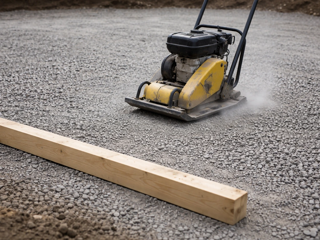 Plate compactor vibrating on gravel patio base with a straight screed board nearby
