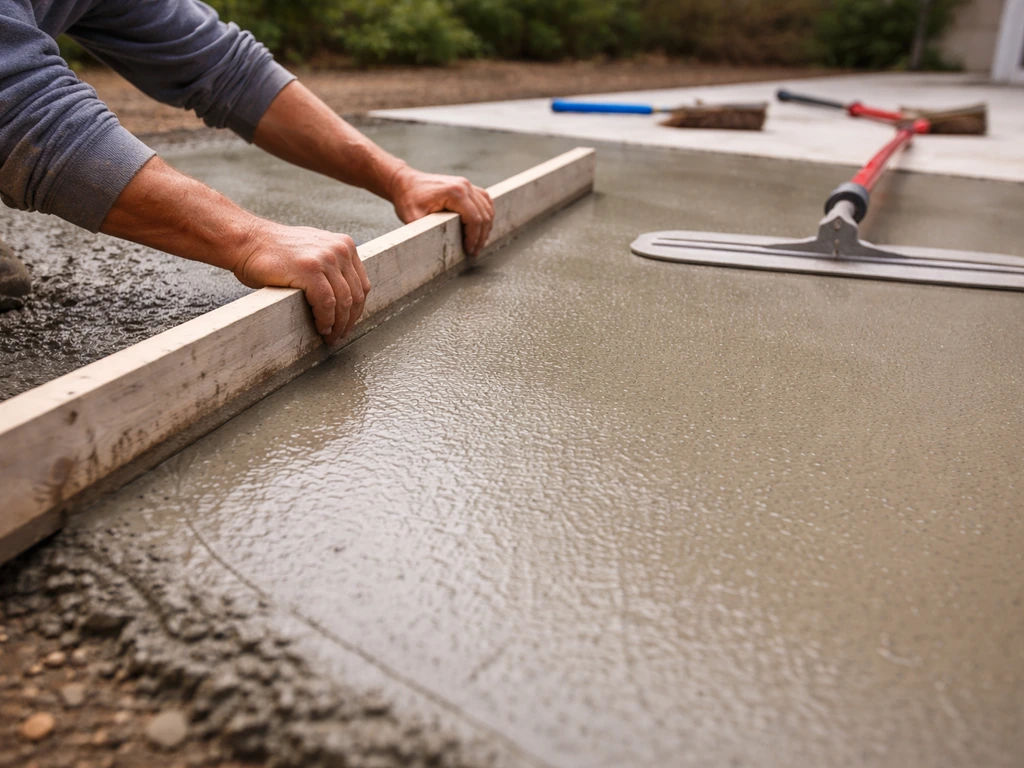 Freshly poured concrete patio as a worker screeds with a 2x4 and bull-floats the surface
