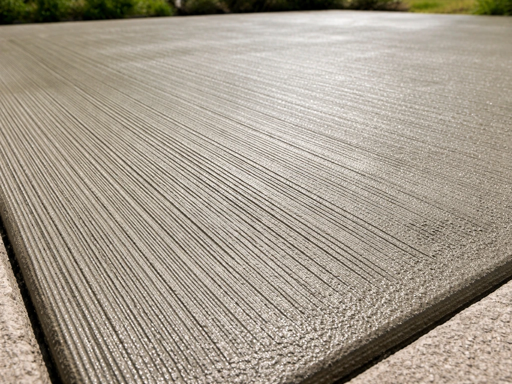 Close-up of broom-finished fresh concrete with slip-resistant brush marks and wet sheen