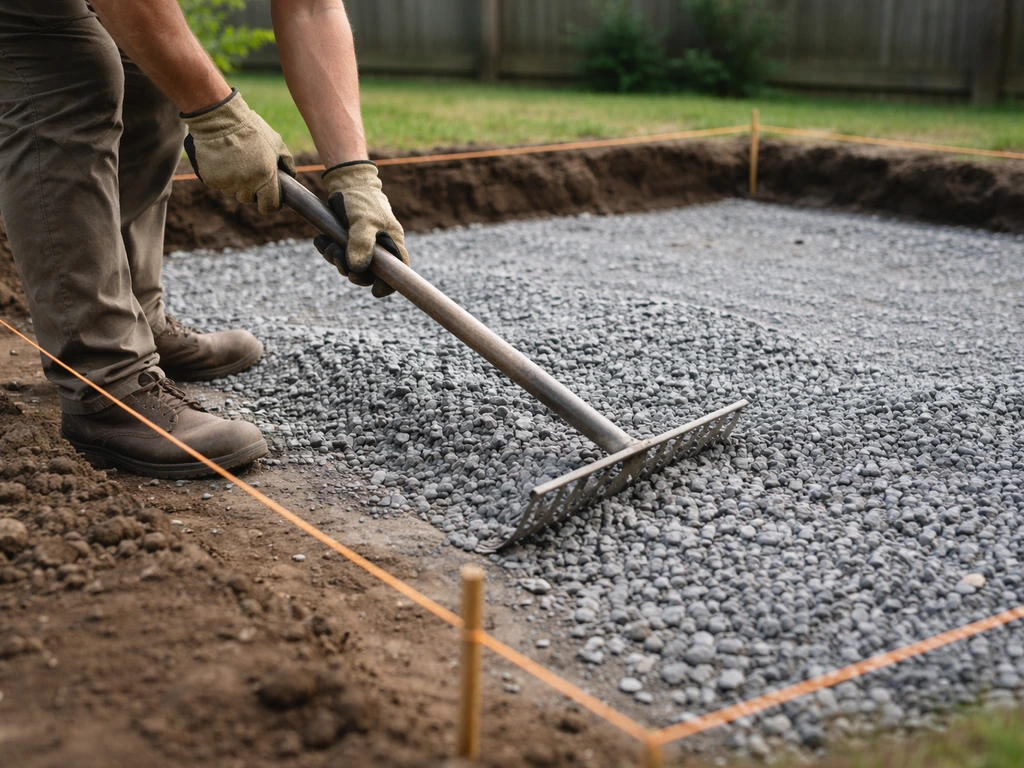 Gravel base aggregate spread over an excavated patio with stakes and string marking the perimeter.
