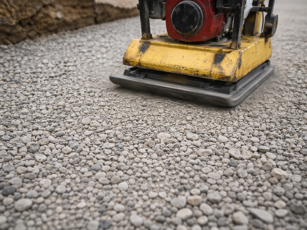 Plate compactor actively vibrating on a compacted crushed-stone subbase layer in sunlight.